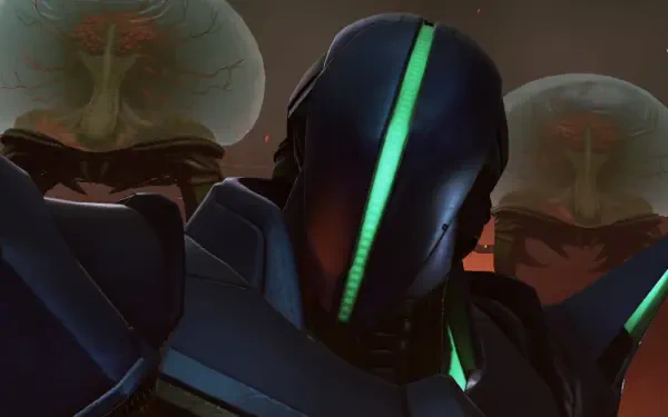 HD wallpaper featuring a character from Metroid Prime 4: Beyond, set against a backdrop of mysterious, alien-like structures. Dynamic and visually striking design.