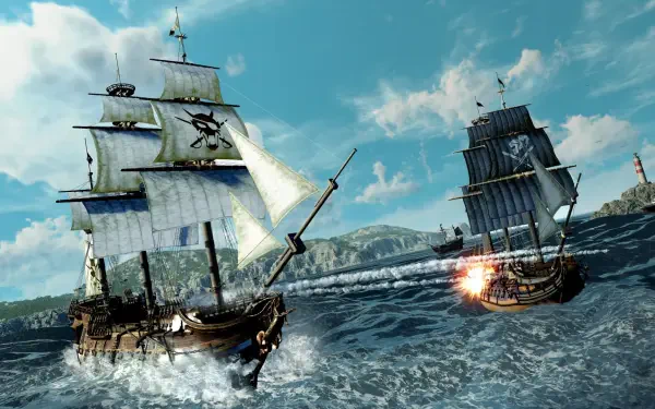 HD desktop wallpaper featuring ships battling on the ocean, inspired by the video game Like a Dragon: Pirate Yakuza in Hawaii, capturing a vibrant and adventurous scene.