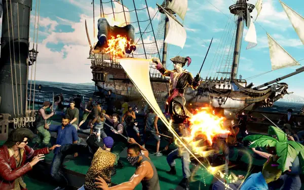 A dynamic scene from Like a Dragon: Pirate Yakuza in Hawaii, depicting an action-packed moment on a ship with characters engaged in a dramatic confrontation against a vibrant ocean backdrop.