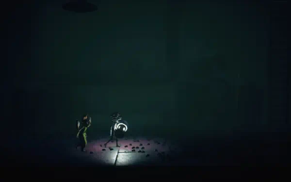A dark, atmospheric scene from the video game Little Nightmares III, featuring two characters in a dimly lit environment, creating an eerie and captivating backdrop in 4K Ultra HD.