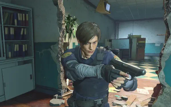 HD wallpaper featuring a character from Resident Evil Re:Verse, poised with a firearm in a damaged room, capturing the tense atmosphere of the game.