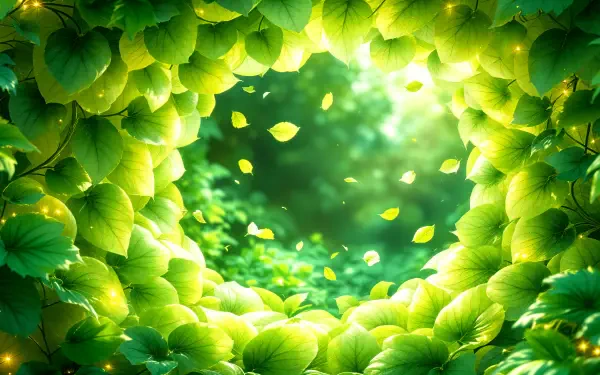 A vibrant fantasy portal framed by lush green leaves, illuminated by soft light and floating petals, creating a serene and enchanting atmosphere. 4K Ultra HD desktop wallpaper.