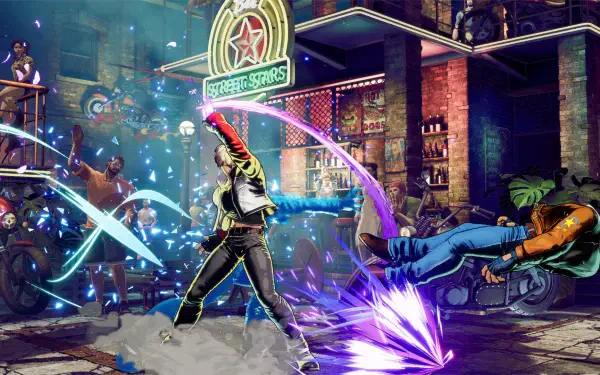 HD PC desktop wallpaper featuring an intense fight scene from the video game Fatal Fury: City of the Wolves, showcasing dynamic characters in a vibrant urban setting.