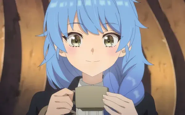 A serene anime character with blue hair smiles while holding a cup, featured in a scene from I Left My A-Rank Party to Help My Former Students Reach the Dungeon Depths! HD wallpaper.