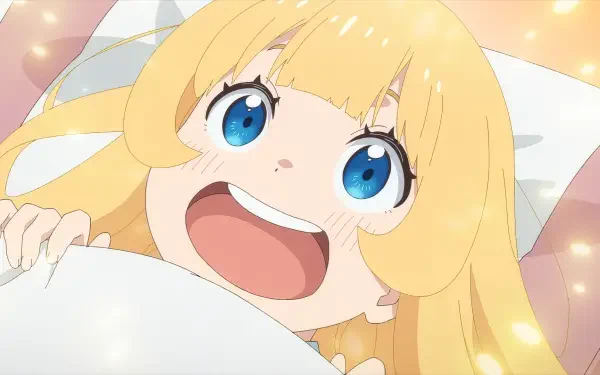 A joyful anime character with bright blue eyes and long blonde hair smiles widely, embodying the spirit of I Left My A-Rank Party to Help My Former Students Reach the Dungeon Depths!