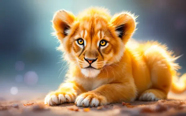 A charming lion cub rests with captivating golden fur and bright eyes, showcased in stunning detail, perfect for a 4K Ultra HD desktop wallpaper and background.