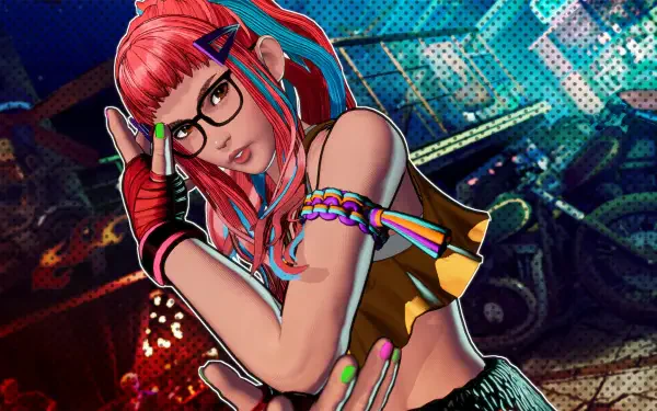 A vibrant HD wallpaper from the video game Fatal Fury: City of the Wolves, featuring a striking character with pink hair and stylish attire set against a colorful urban background.
