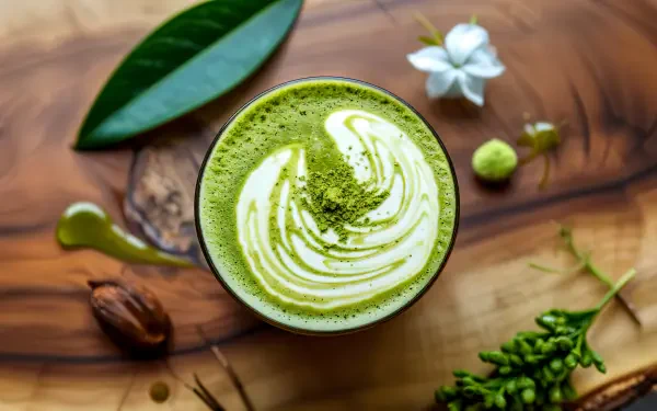 A vibrant matcha drink with intricate swirls sits atop a wooden surface, surrounded by green leaves and delicate flowers, captured in stunning 4K Ultra HD detail.