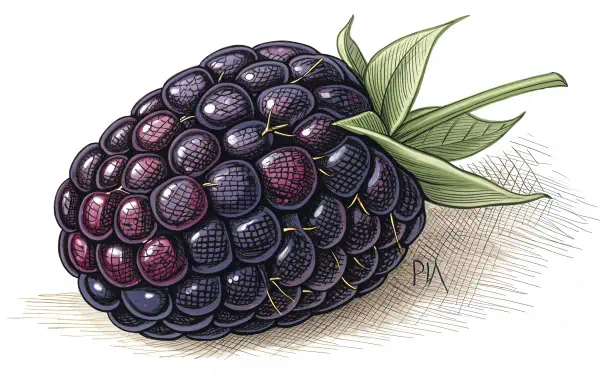A beautifully detailed illustration of a blackberry, showcasing its rich purple and black hues, set against a soft background, perfect as a 4K Ultra HD PC desktop wallpaper.