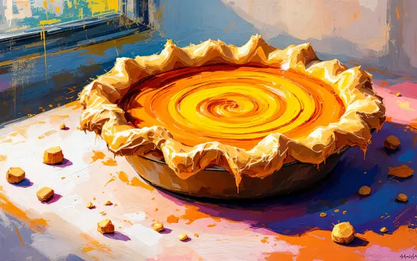 A vibrant sweet potato pie with a decorative crust sits on a surface, surrounded by scattered crumbs, captured in stunning 4K Ultra HD quality.