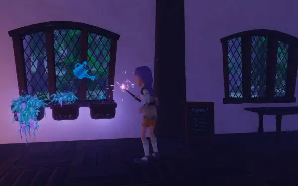A character with purple hair casts a spell in the Magic Inn, surrounded by glowing plants and whimsical scenery, creating an enchanting HD PC desktop wallpaper and background.
