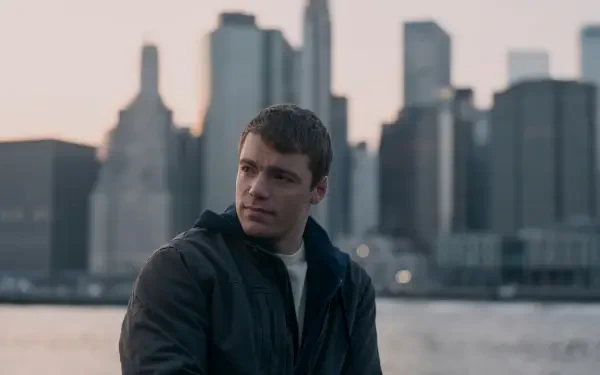 Gabriel Basso in a scene from the TV show The Night Agent, seated against a backdrop of a city skyline during twilight, creating a dramatic and engaging atmosphere.