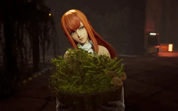 A character from the video game SYNDUALITY Echo of Ada holds a basket filled with greenery, set against a dimly lit background, showcasing a captivating HD PC desktop wallpaper.