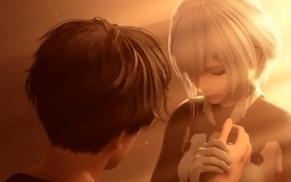 A captivating HD wallpaper from the video game SYNDUALITY: Echo of Ada, featuring a heartfelt moment between two characters in a warm, glowing atmosphere.