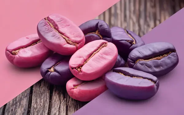 Close-up of vibrant pink and purple coffee beans against a textured wooden background, showcased as a stunning 4K Ultra HD desktop wallpaper.