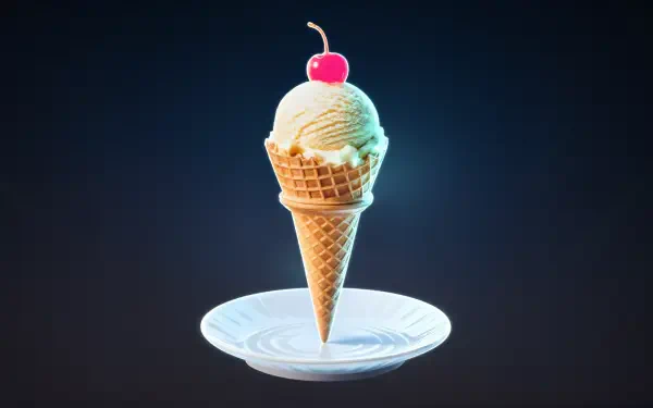 A delicious ice cream cone topped with a cherry, presented on a white plate against a dark background, captured in stunning 4K Ultra HD for a vibrant desktop wallpaper.