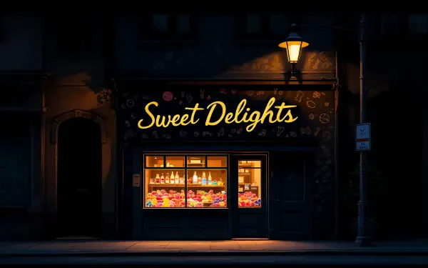 A charming candy store named Sweet Delights glows warmly at night, showcasing colorful sweets in its illuminated windows, creating a delightful atmosphere. 4K Ultra HD background.