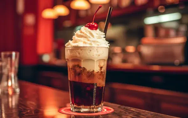 A delicious root beer float topped with whipped cream and a cherry sits in a glass on a bar counter, set against a warm, inviting background, perfect for a 4K Ultra HD PC desktop wallpaper.