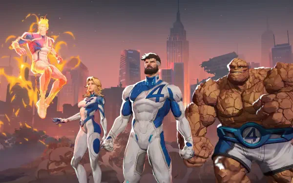 Marvel Rivals characters in dynamic poses against a city skyline, rendered in detailed 4K Ultra HD for a PC desktop wallpaper and background.