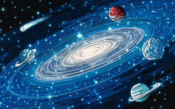 A vibrant 4K Ultra HD desktop wallpaper featuring a swirling galaxy with multiple colorful planets and a comet, set against a backdrop of sparkling stars in deep space.