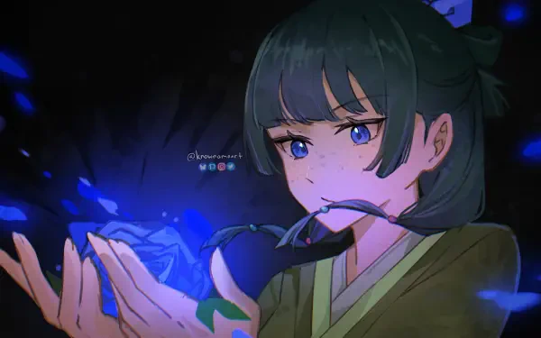 Anime-style 4K Ultra HD wallpaper featuring Maomao from The Apothecary Diaries, surrounded by glowing blue butterflies against a dark background.