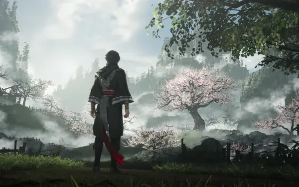 A serene scene from Dynasty Warriors: Origins, featuring a cloaked figure against a backdrop of cherry blossoms and misty mountains, creating a captivating HD desktop wallpaper.