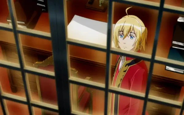 A character from the anime I Want to Escape from Princess Lessons gazes out from behind glass panels, set in a richly decorated room, serving as an HD PC desktop wallpaper.