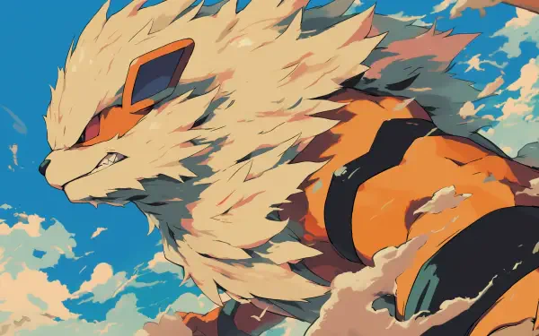 An HD desktop wallpaper featuring Arcanine from Pokémon, showcasing its powerful stance against a backdrop of vibrant clouds and blue sky.
