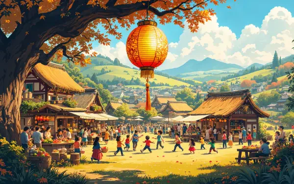 A vibrant harvest festival scene with colorful lanterns, people celebrating, and picturesque mountains in the background. A stunning 4K Ultra HD wallpaper for your desktop.