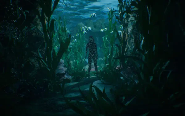 Underwater scene from the video game The Inn-Sanity, featuring a character surrounded by vibrant aquatic plants and fish, designed as an HD PC desktop wallpaper and background.