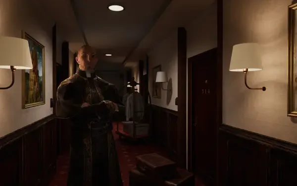A dimly lit hotel corridor from the video game The Inn-Sanity, featuring a mysterious figure in a dark coat and vintage decor, captured in high-definition for a PC desktop wallpaper.