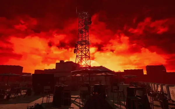 A dramatic HD wallpaper for the game The Inn-Sanity, featuring a silhouetted tower against a fiery red sky, creating an intense and captivating atmosphere.