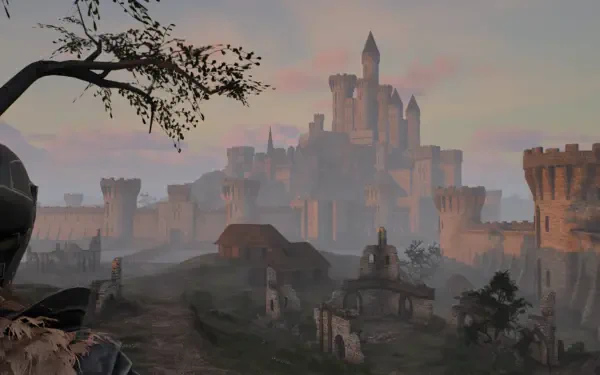 A stunning HD wallpaper for the video game Only Up: Lizards Must Fall, featuring a majestic castle surrounded by ruins and a serene landscape under a pastel sky.
