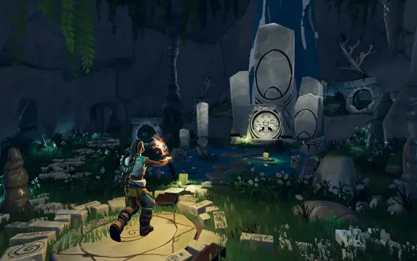 4K Ultra HD PC desktop wallpaper from the video game Aloft, featuring a character exploring an ancient, mystical ruin illuminated by soft, glowing lights.