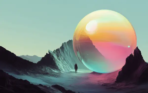 A sci-fi landscape features a giant, colorful bubble resting on a desolate planet. A lone figure stands amidst rocky terrain, creating a captivating HD wallpaper.