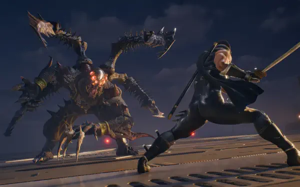 A dynamic scene from Ninja Gaiden 2 Black features a warrior preparing for battle against a monstrous foe, showcasing 4K Ultra HD detail in a dramatic setting.