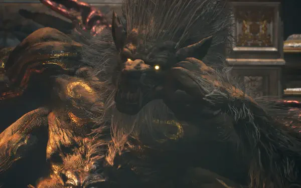 A dramatic scene from Ninja Gaiden 2 Black, featuring a formidable creature with glowing eyes, set against a richly detailed background. This 4K Ultra HD wallpaper captures intense gaming action.