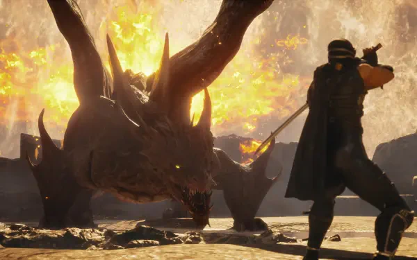 A dramatic scene from Ninja Gaiden 2 Black featuring a warrior confronting a massive dragon amidst fiery explosions, set against a stunning 4K Ultra HD backdrop.