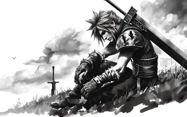 A striking black and white HD wallpaper featuring Cloud Strife from Final Fantasy, depicting him seated in a contemplative pose with his iconic sword nearby.