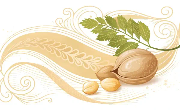 Chickpea illustration featuring a chickpea pod, chickpeas, and green leaves on a flowing, decorative background. This 4K Ultra HD desktop wallpaper adds a natural touch to your screen.
