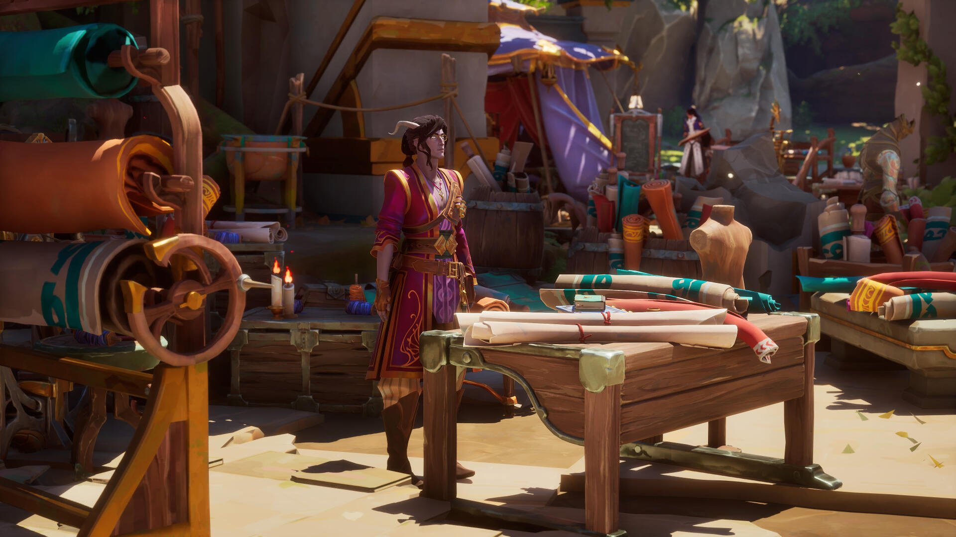 A vibrant scene from the video game 'Eternal Strands,' showcasing a character standing near a crafting table, surrounded by colorful fabrics and market stalls in a lively environment.