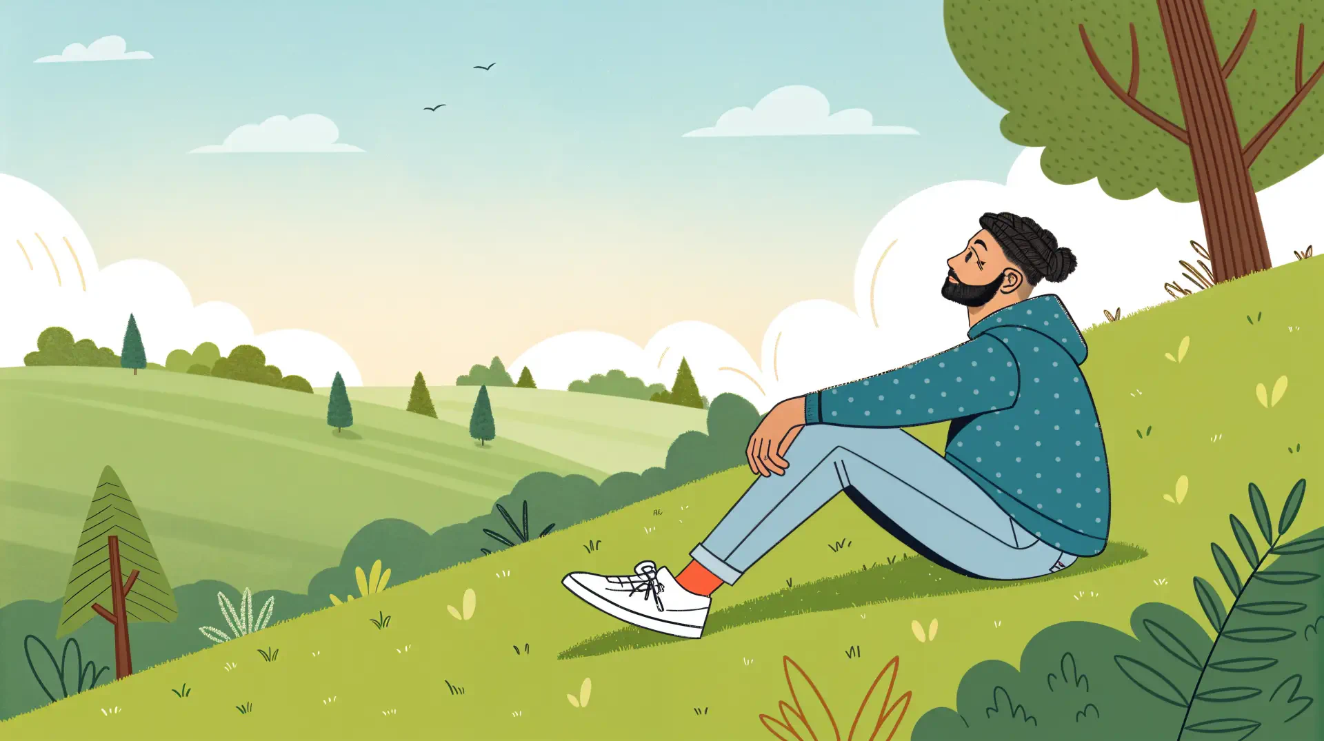 A chill guy sits contentedly on a grassy hill, surrounded by lush trees and a serene landscape, capturing a peaceful moment in this 4K Ultra HD desktop wallpaper.