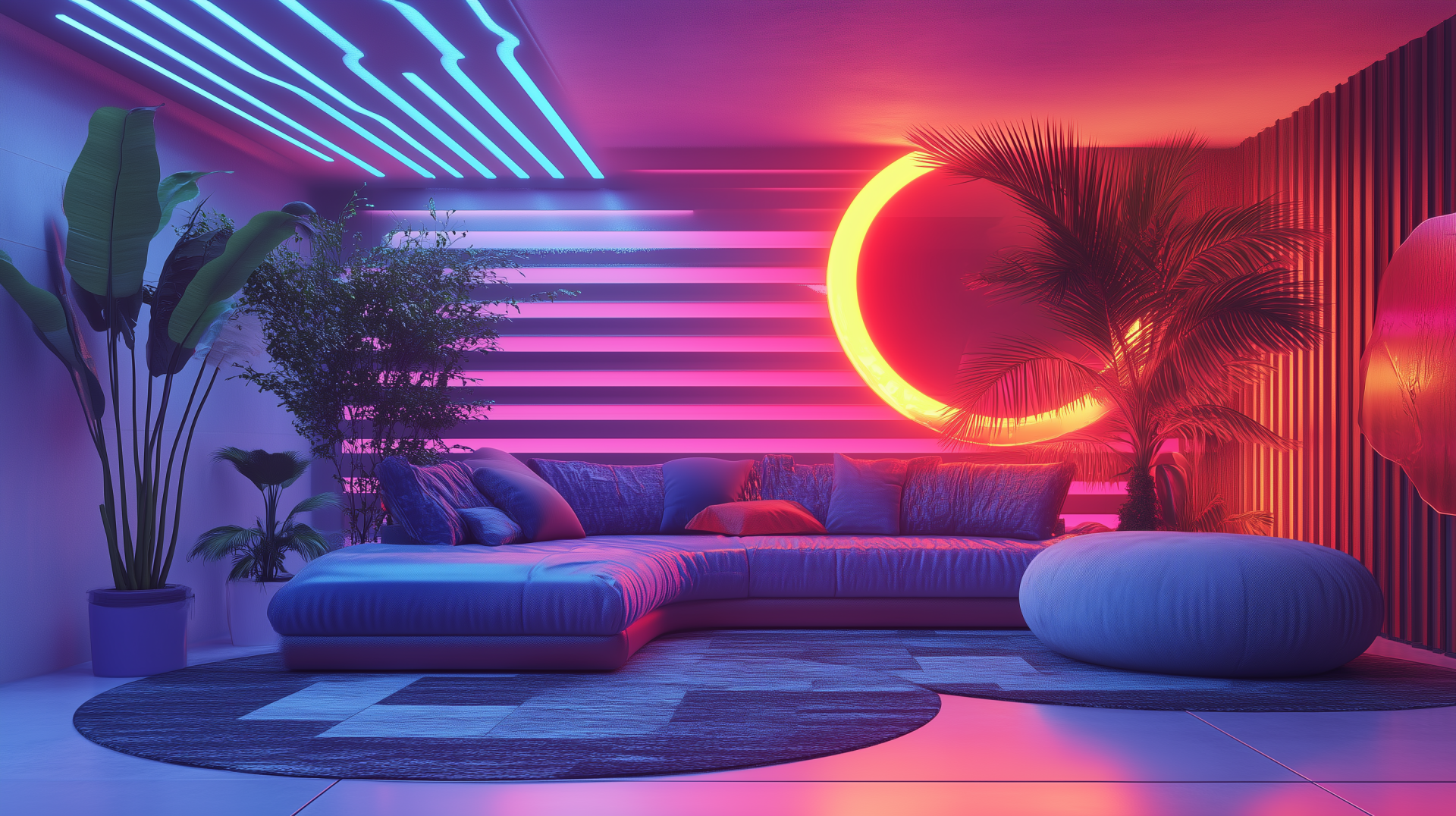A vibrant, futuristic room featuring a plush sofa, neon accents, and geometric patterns. Lush plants enhance the maximalist design, creating a visually stunning HD wallpaper.