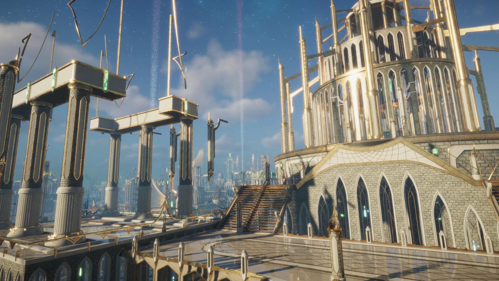 A stunning HD desktop wallpaper from the video game The Quinfall, showcasing a grand architectural landscape with towering structures and a bright blue sky.