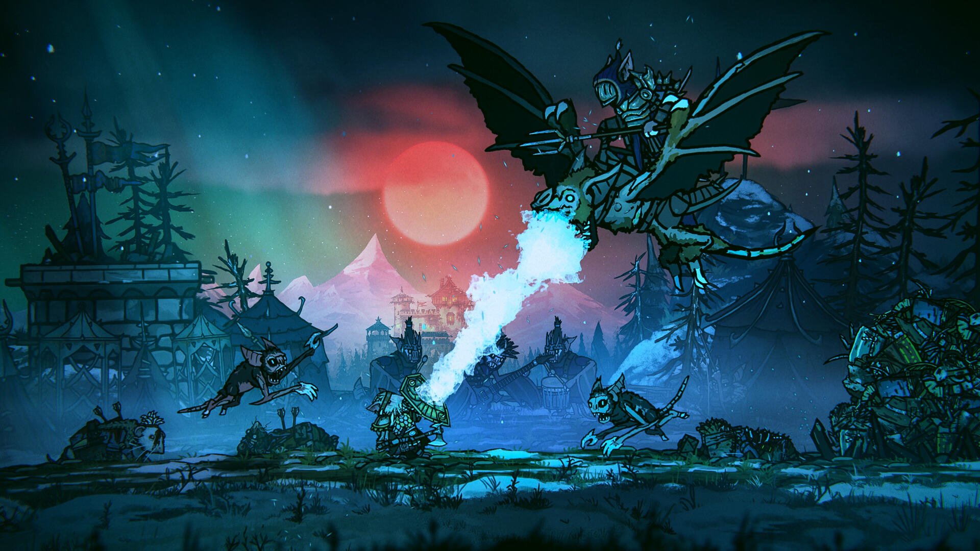 4K Ultra HD wallpaper from Tails of Iron 2: Whiskers of Winter, showcasing a dark fantasy scene with a dragon overhead and fierce characters battling amidst a moody landscape.