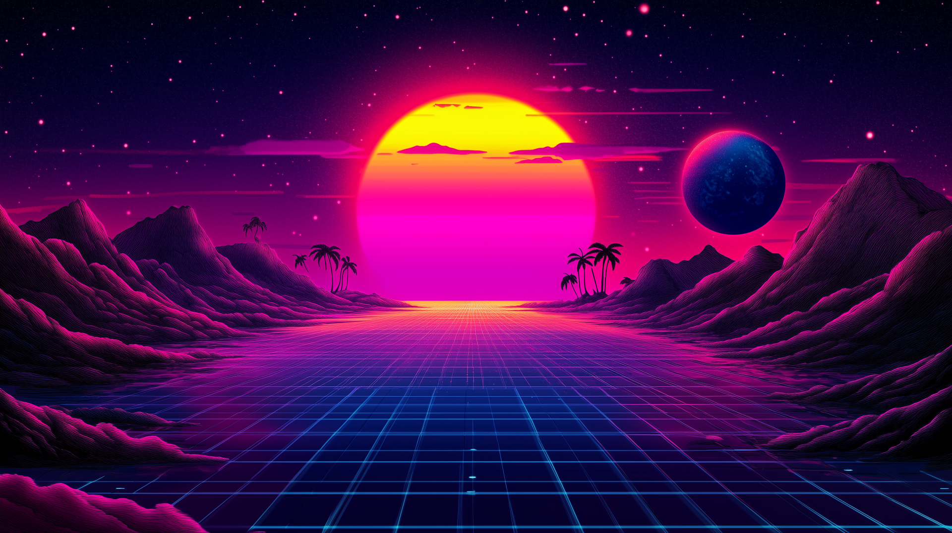 A vibrant neon landscape captures a surreal sunset, with a grid pattern leading towards the horizon, framed by palm trees and a distant planet, embodying vaporwave and synthwave aesthetics.