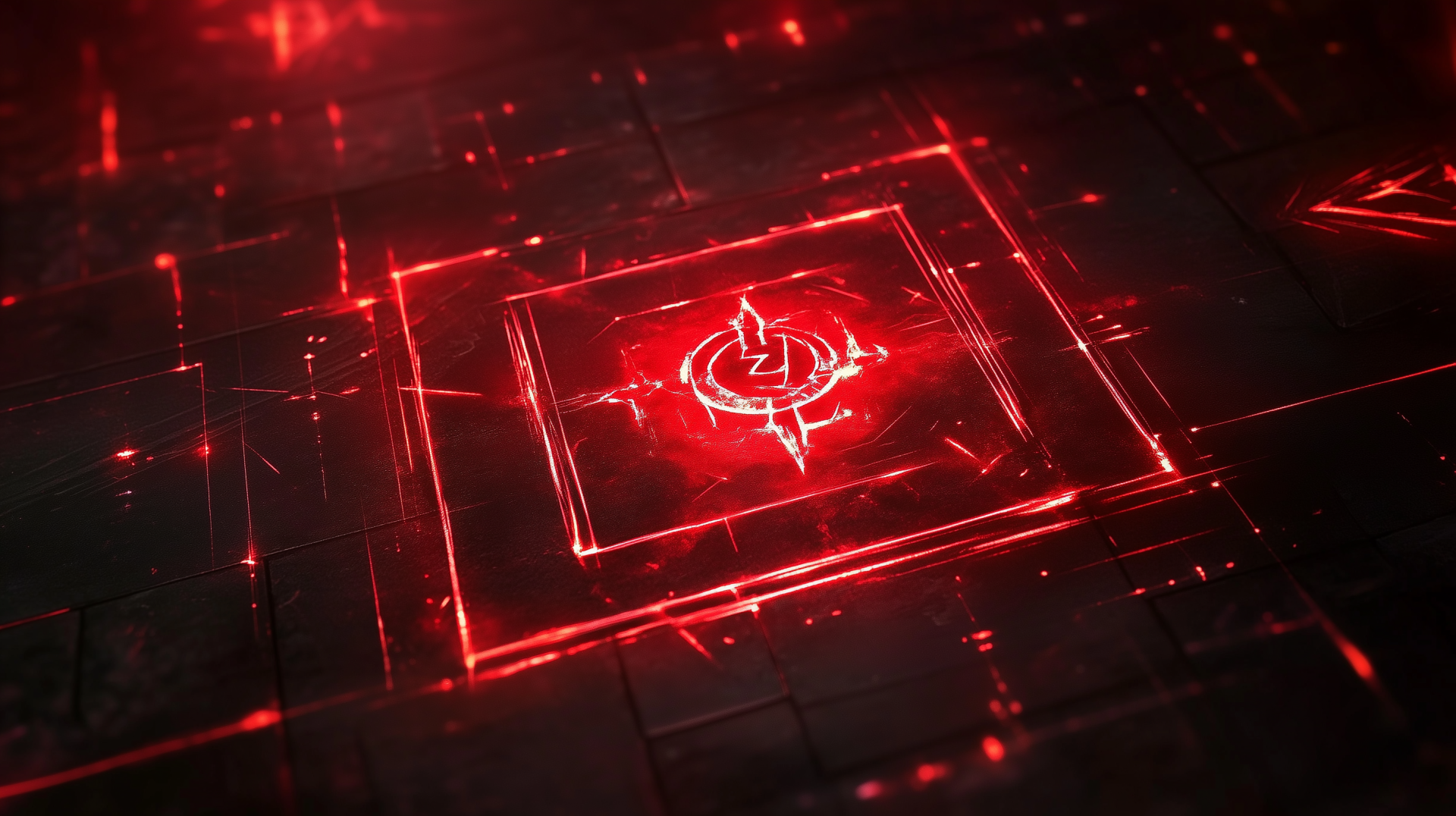 HD PC desktop wallpaper featuring a glowing red rune with technological, futuristic design elements on a dark background.