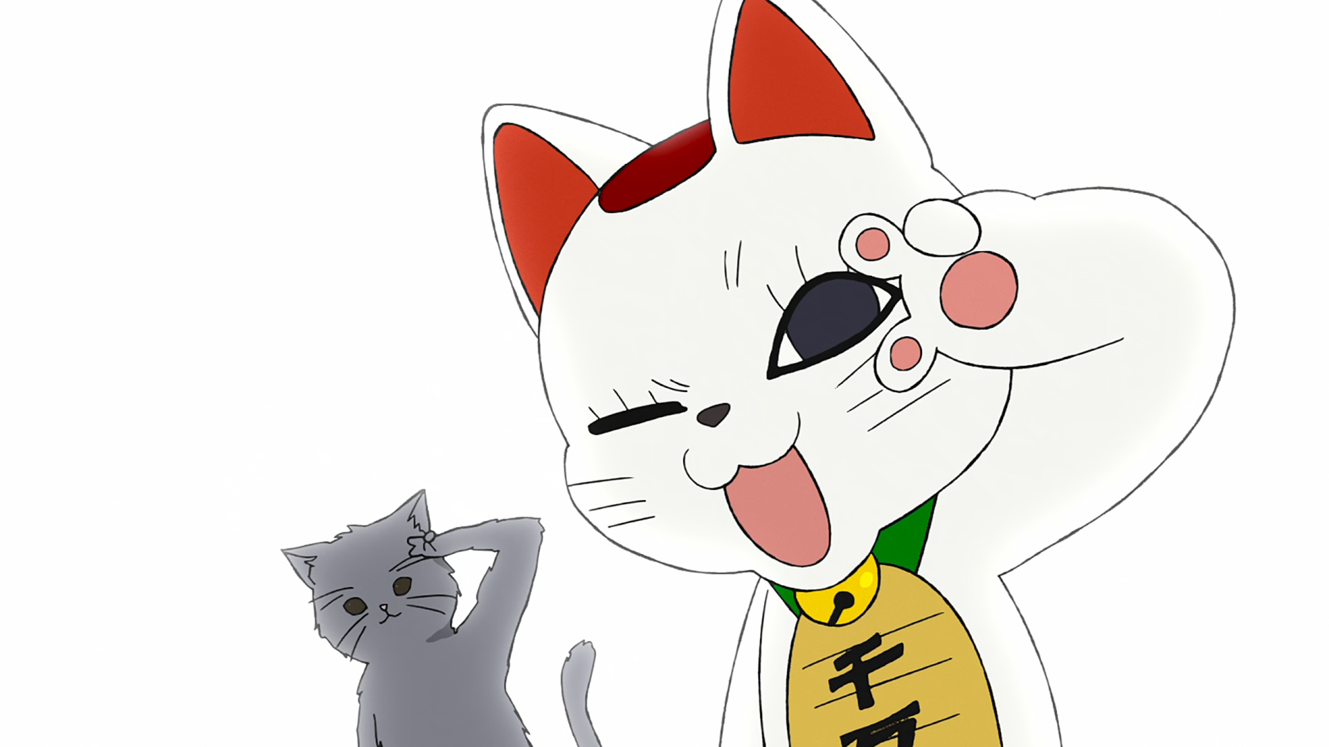 A cheerful, cartoon cat with red accents and a green collar waves enthusiastically, accompanied by a curious gray cat, creating a fun and vibrant anime vibe in this Dandadan Turbo Granny-themed HD wallpaper.