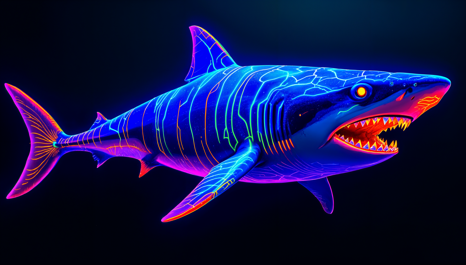 A vibrant 4K Ultra HD image of a Megalodon, featuring striking neon colors and intricate details, set against a dark background, ideal for a bold desktop wallpaper.
