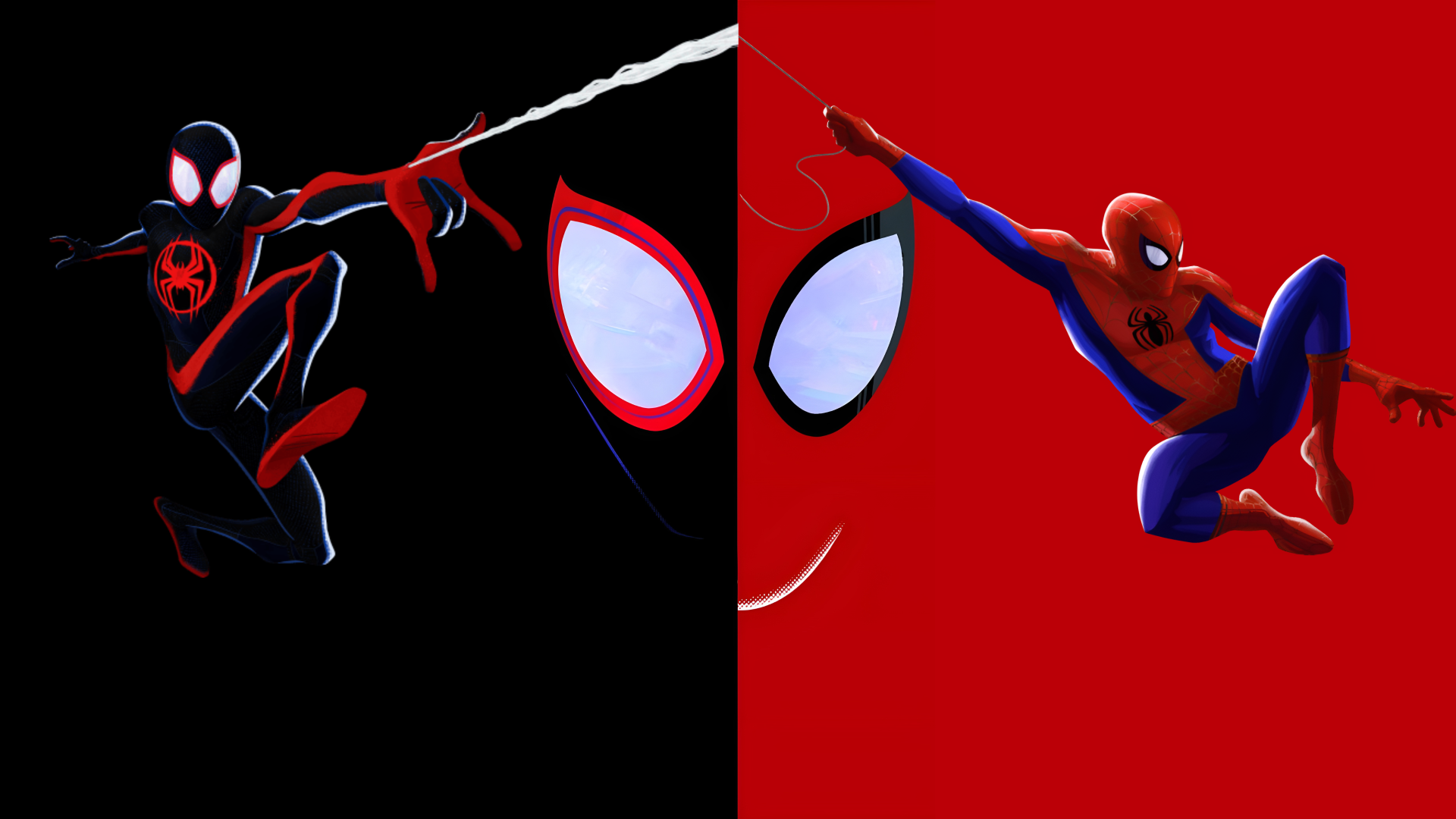4K Ultra HD PC wallpaper featuring Spider-Man characters Miles Morales and Peter Parker against contrasting black and red backgrounds with close-up eye details.